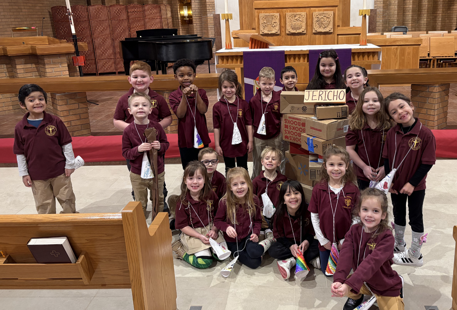 st andrews school chapel three men and laughing two women walking side by side