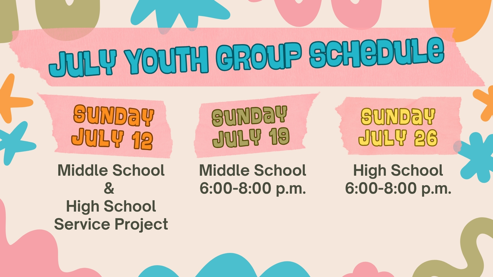 July Youth Group Schedule
